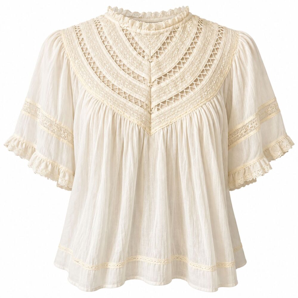 Free People Ivory Lace Pintuck Flutter Sleeve Boho Blouse